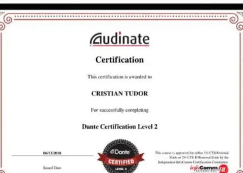 Dante Certification Level 2 certificate issued to Cristian Tudor