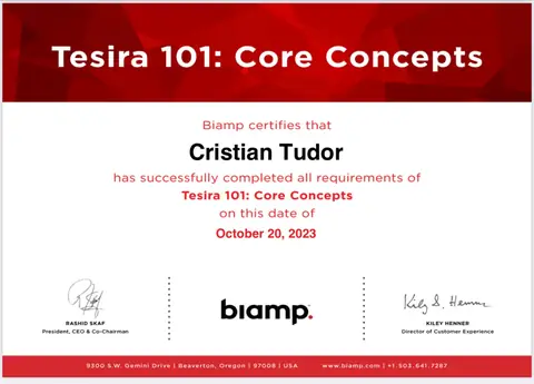 Tesira 101: Core Concepts certificate issued to Cristian Tudor