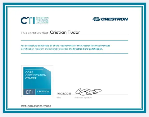 Crestron Core Certification certificate issued to Cristian Tudor