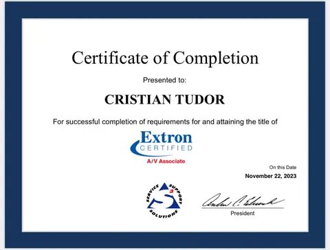 Extron Certified A/V Associate certificate issued to Cristian Tudor