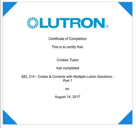 SEL 214 - Codes & Controls with Multiple Lutron Solutions - Part 1 certificate issued to Cristian Tudor