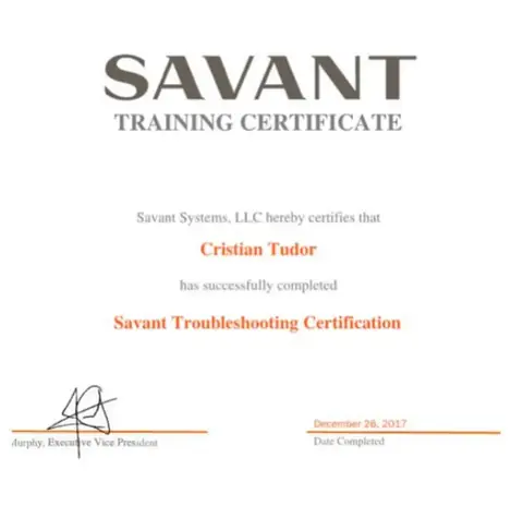 Savant Troubleshooting Certification certificate issued to Cristian Tudor